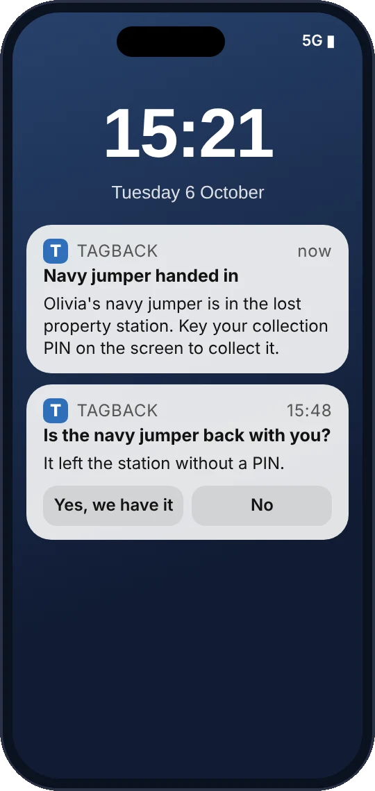 A phone lock screen with a TagBack notification that a navy jumper has been handed in