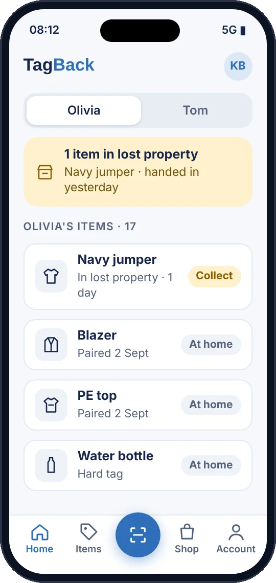 TagBack app home screen showing a child's labelled items and one item in lost property