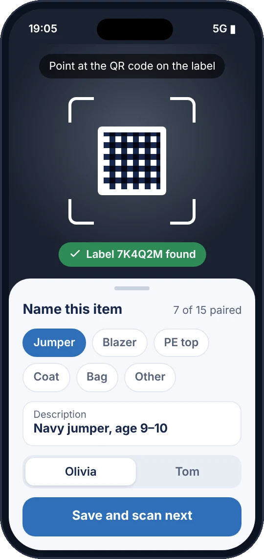 Pairing a label by scanning its QR code and naming the item