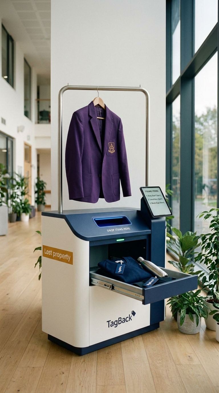 The lost property station with its front drawer open, holding a tagged jumper and water bottle