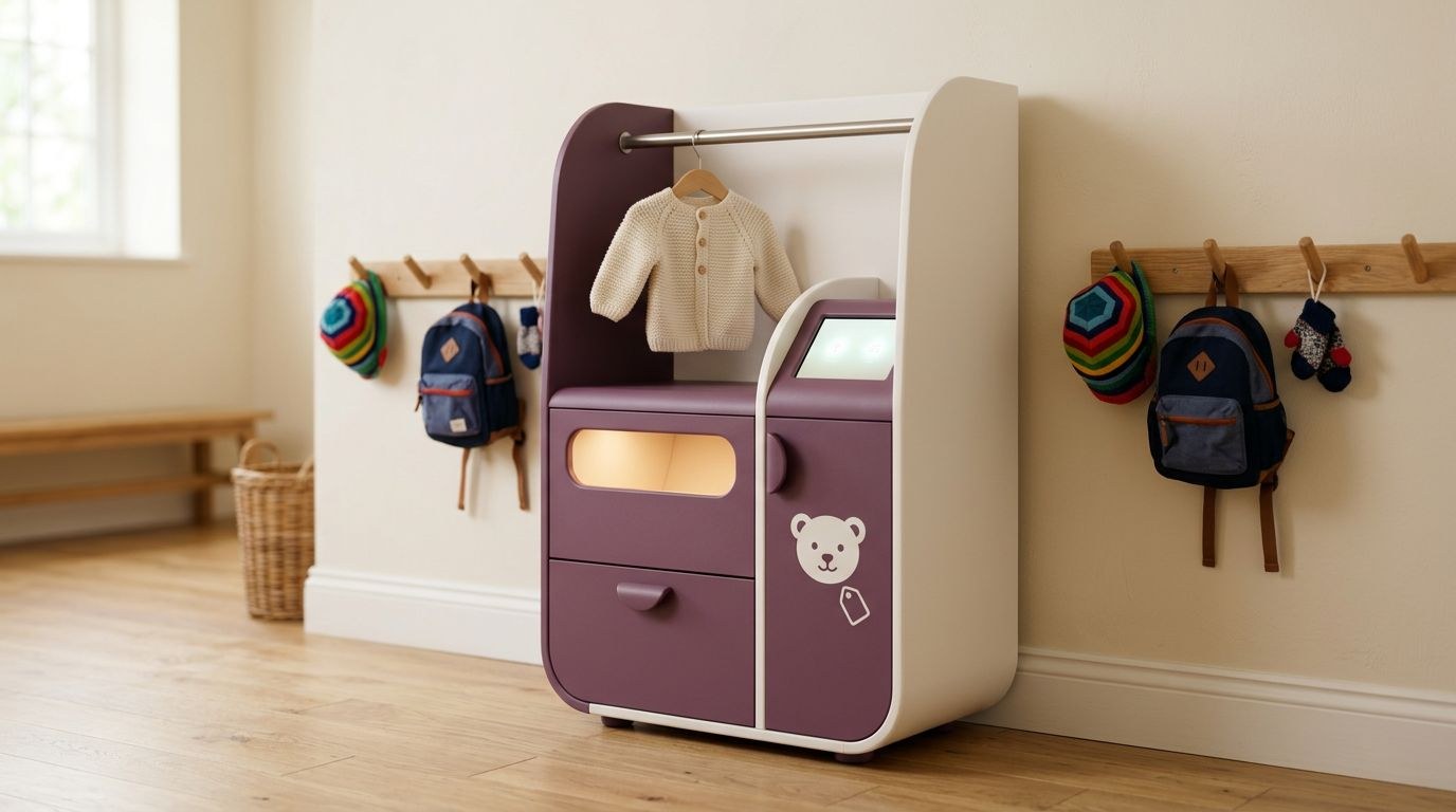 The compact plum and white Teddy Tags station in a nursery cloakroom, with a small cardigan on its hanging rail