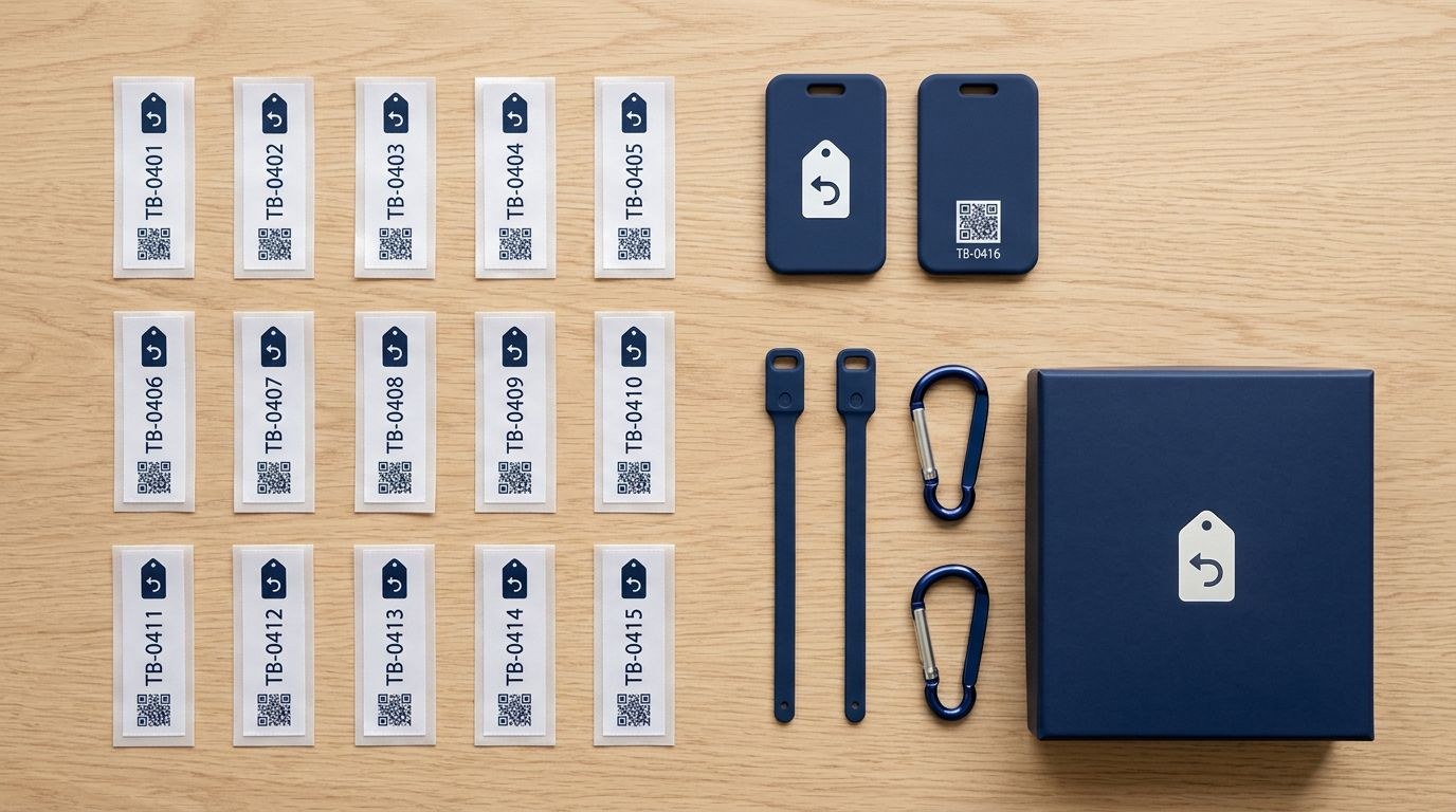 The TagBack starter kit: fifteen iron-in labels, two hard tags, straps, clips and a navy box
