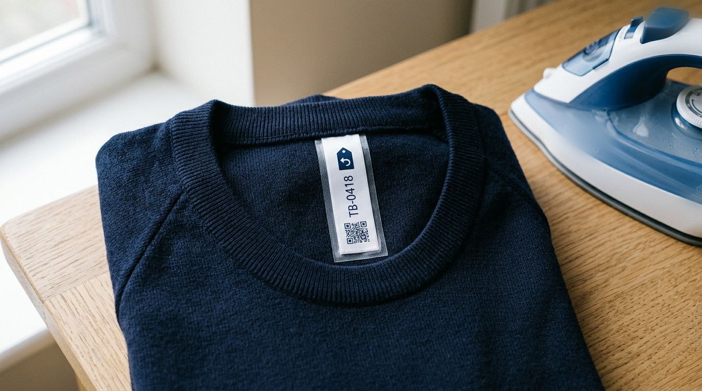 A slim white iron-on TagBack label fused inside the neck of a navy school jumper