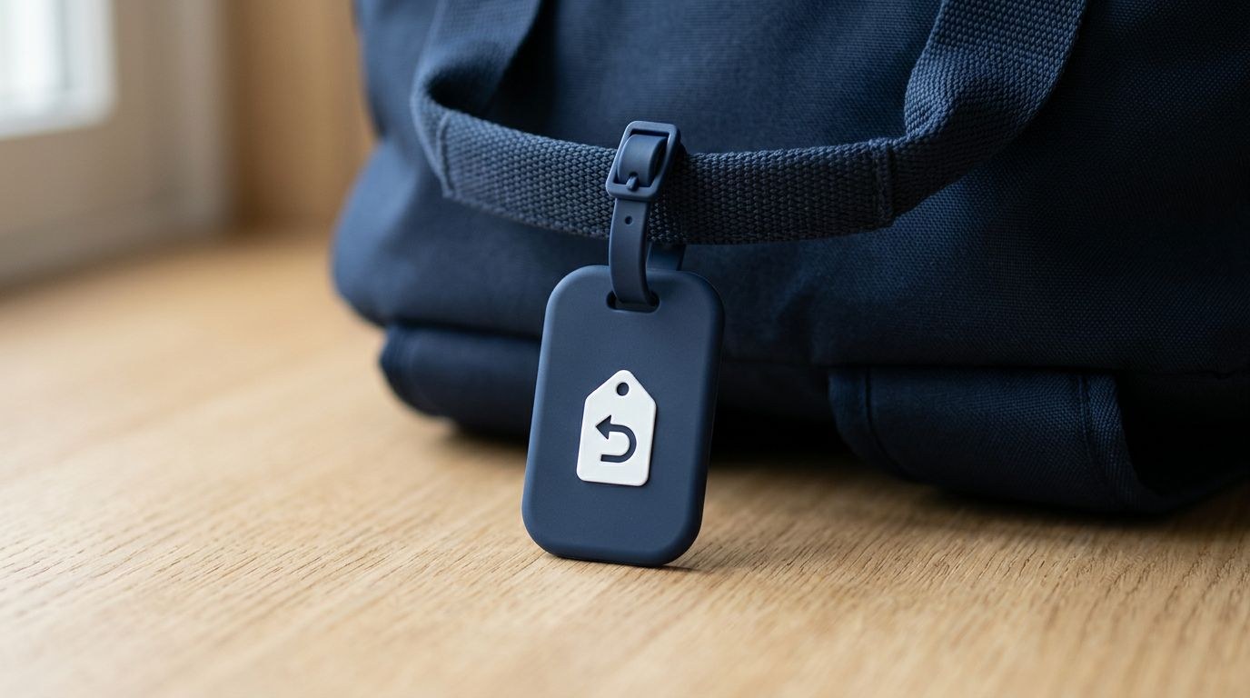 A navy silicone TagBack hard tag fixed by its strap to a school backpack handle