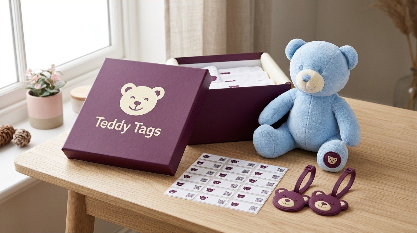 The Teddy Tags premium kit: the plum gift box with a soft blue teddy mascot, a sheet of iron-in labels and two teddy bag tags