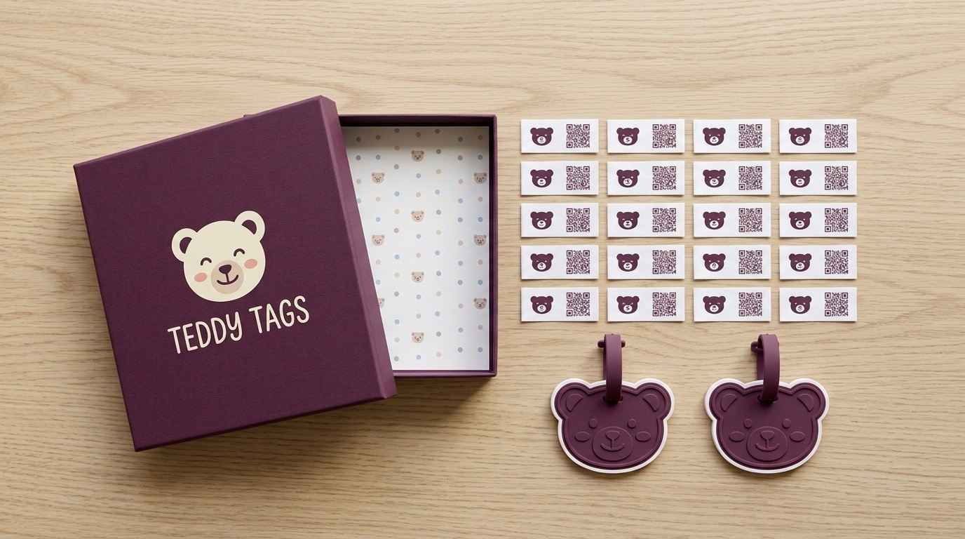 The Teddy Tags starter kit in its plum gift box with iron-in labels and two teddy bag tags
