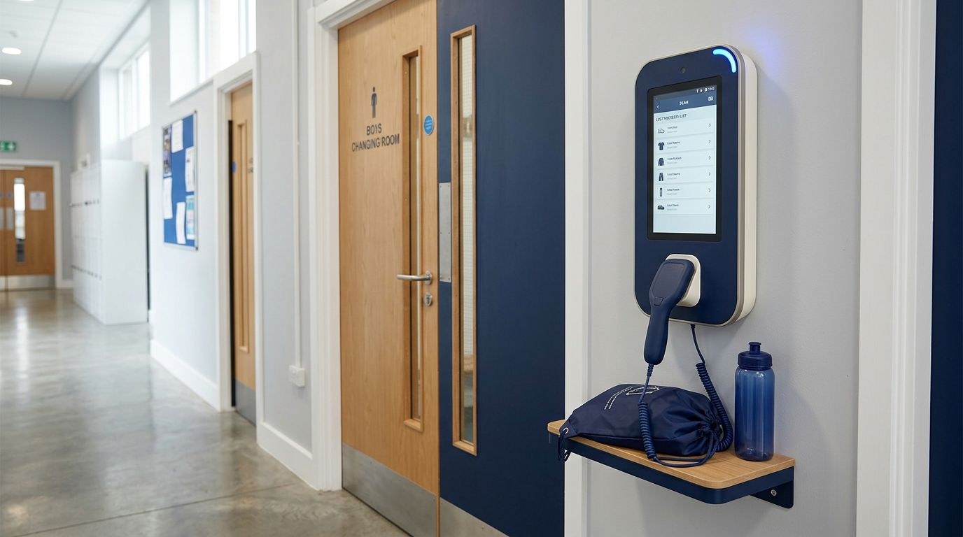 A slim navy and white wall reader with a handheld wand beside a PE changing room door, with a found PE bag and water bottle on a small shelf